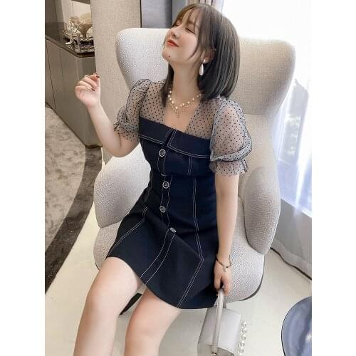 High quality Polka Dot mesh stitched button dress 2021 summer new pattern