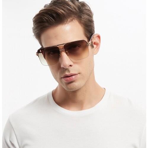 Square metal frame sunglasses for men driving style brown tea lens
