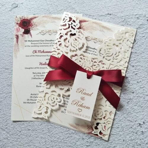 50X Cream Rose Flower Wedding Invitation With Ribbon and Tag DIY Shiny Laser Cut Cards For Bridal Shower Marriage Party Favors