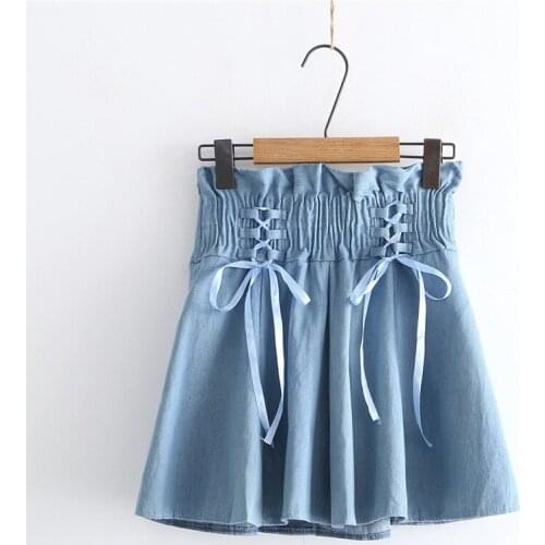 2020 Vintage Casual Women Skirt Teen Girl Retro Bandage Sweet Ruffle Jeans Skirt Korean Lace Up High Waist Denim Short Skirt