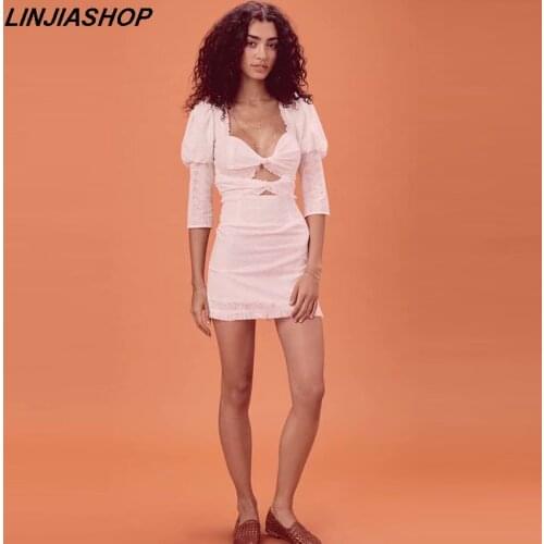 Vintgae white short party dress hollow out backless lantern sleeve hight waist women dress elegant 2019 summer blogger style