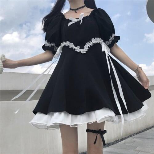 Japanese Summer Kawaii Soft Girly Dress Vintage Square Collar Cute Lace Lace Up Bow Sweety Ruffles Puff Sleeve Dress Black Dress