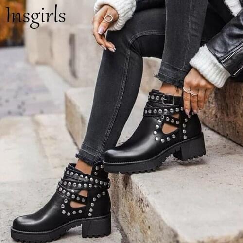 2021 New Fashion Womens Shoes Autumn Chunky Heel Ladies Round Toe Rivet Motorcycle Punk Ankle Boots Female Platform Shoes