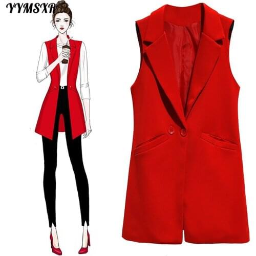 Womens Suit Temperament Mid-length Sleeveless Ladies Jacket Vest Red High Quality 2021 New Autumn Fashion Blazer Female