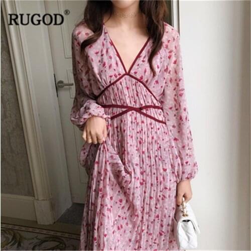 RUGOD New Arrival Women Floral Long Pleated Dress V-neck Long Sleeves Slim Dress Sweet Fairy Temperament Korean Style 2020