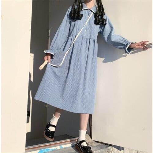 Japanese Style Sweet Blue dress women summer Long Sleeve ins doll collar Kawaii Lolita Dress Mori Girl Cute Spring Autumn