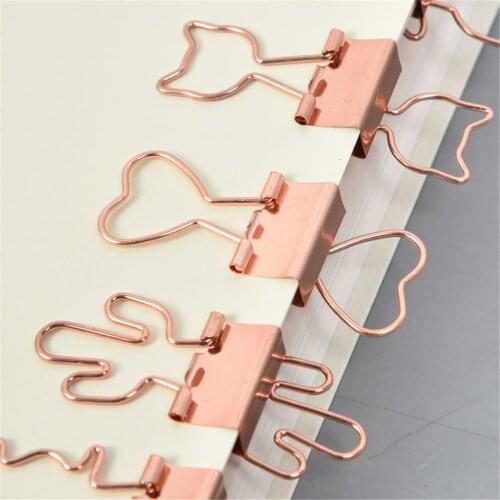 10pcs Cartoon Cat Rose Gold Color Binder Clips Cute Hollow Out Cactus Penguin Shape Metal Paperclip Bookmark Kawaii Stationery