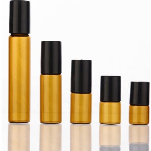 50pcs/lot 1ml 2ml 3ml 5ml 10m Amber Glass Roll on Bottle with Glass/Metal Ball Brown Thin Glass Roller Essential Oil Vials