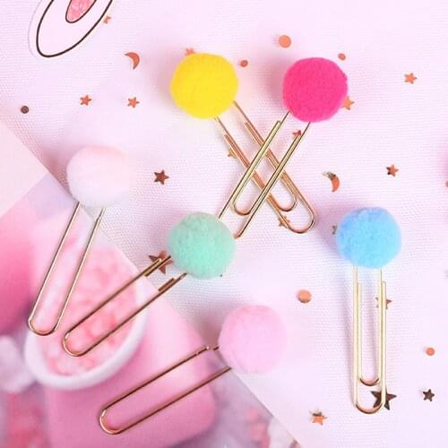 6pcs/set Kawaii Hairball Rose Gold Cilp Candy Color Modelling Cute Paper Clip Decoration Office Supplies Stationery DIY Set