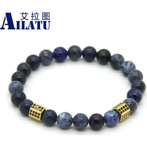 Ailatu 8mm Natural Blue Veins Stone with Rectangle Micro Paved Black Zircon cz Beads Bracelet Party Gift