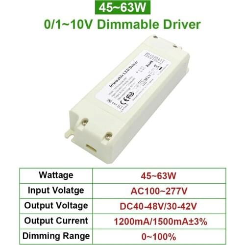 0~10V 50W 60W LED dimming Driver No flicker 1.5A Constant Current Power Lighting Transformers AC110V 220V Output DC36-72V lamps