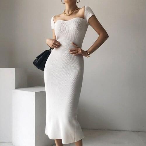 Elegant Women Strapless Knitted Dress 2021 Summer Sexy Split Female Slim Elasticity Knitting Dress Solid Bodycon Long Vestidos
