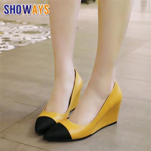 Elegant Women Pumps High Wedge Heels Patchwork PU Leather Pointed Toe Casual Office Party Slip-on Height Increased Ladies Shoes