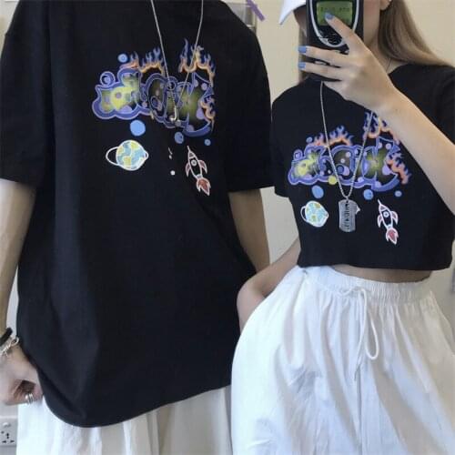 Short Half-sleeved T-shirt Women 2021 Summer New Retro Harajuku Style Loose Umbilical Couples Short-sleeved Top Oversized T-shir