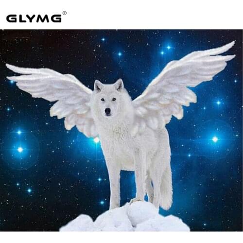 GLymg Needlework Diy Diamond Embroidery White Wolf Wings Fly Diamond Painting Cross Stitch Full Square Animal Home Decor
