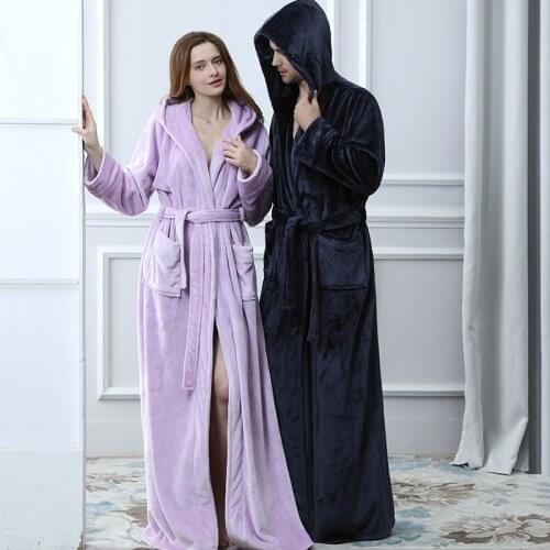 Lovers Thermal Hooded extra Long Flannel Bathrobe Women Men Thick Warm Winter Kimono Bath Robe Bridesmaid Robes Dressing Gown