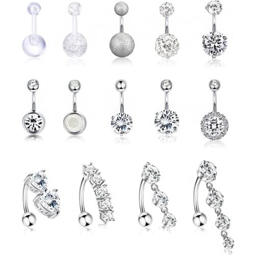 Classic Style Belly Button Rings for Women Girls Reverse Navel Rings Curved Steel Barbell CZ Body Piercings Jewelry Ear 1.6*10mm