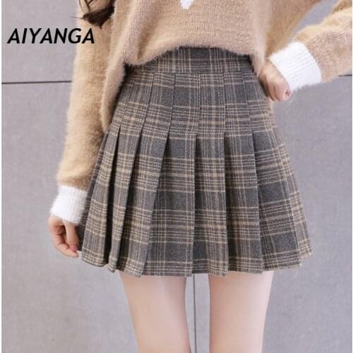 Autumn Woolen Plaid Skirts For Women 2020 Winter High Waist Ladies Pleated Check Mini Short Skirt Fashion Checkered Skirts
