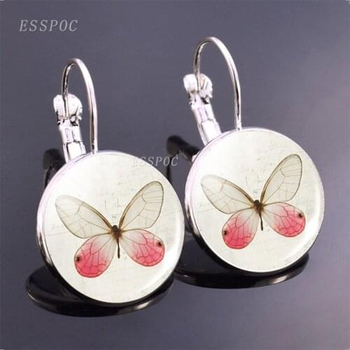 Fashion Butterfly Specimen Pattern Hook Earrings Silver Color Glass Cabochon Hoop Earrings Charm Ear Hook Women Jewelry Gifts