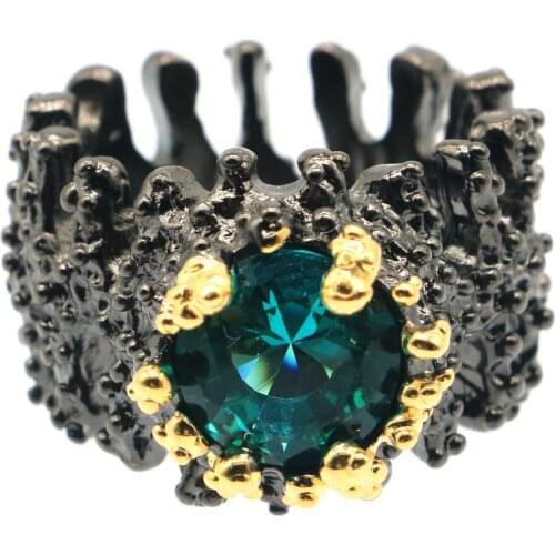 17x14mm Neo-Gothic Vintage Created Aquamarine Green Peridot Tanzanite For Man Cool Black Gold Silver Rings Punk Style