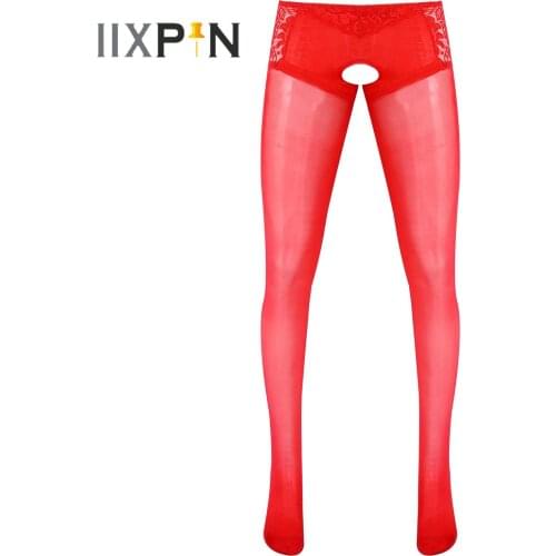 Lingerie Crotchless Sissy Pantyhose Mens See Through Lace Sheer Stockings Nightwear Mesh Patchwork Stretchy Long Pants Leggings