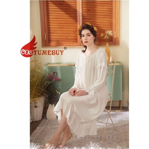 Costumebuy Victorian Dress Vintage Nightdress Women Ruffles Sleepwear Long Romantic Nightgown Cotton Night Lounge Wear White