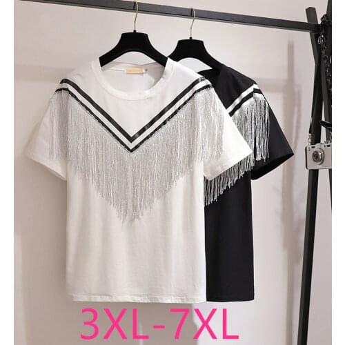 New 2021 summer plus size tops for women large loose casual short sleeve cotton white stripe tassels T-shirt 3XL 4XL 5XL 6XL 7XL