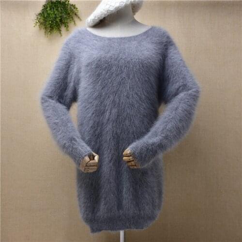 Top mujer women clothing autumn winter hairy mink cashmere knitted grey o-neck pullover angora fur jumper sweater dress pull top