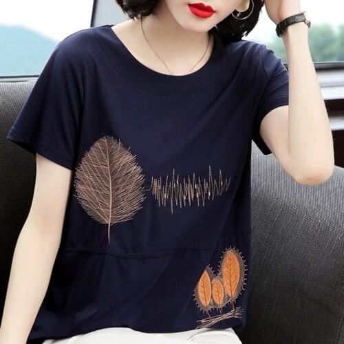 Chic Embroidery Geometric T-Shirt Cotton Tee Shirt Women Summer Tops Casual O-Neck Plus Size Female Short Sleeve T-shirts Femme