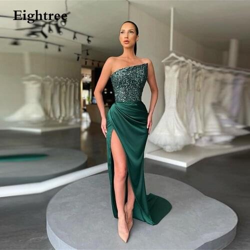 Eightree Royal Green Long Side Slit Prom Dress Gown Sleeveless Sequins Floor Length Mermaid Bling Night Party Evening Dresses