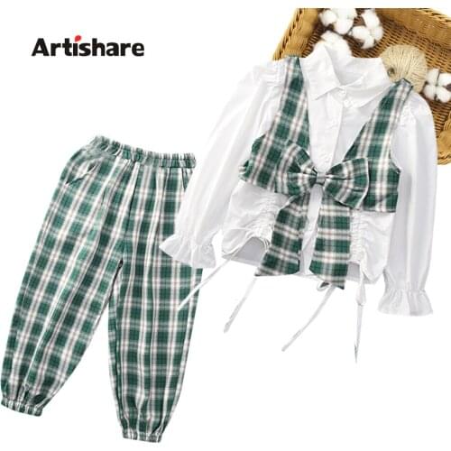 Teen Girls Clothing Plaid Pattern Clothing For Girls Vest + Tshirt + Pants Clothes For Girls Autumn Tracksuits For Children