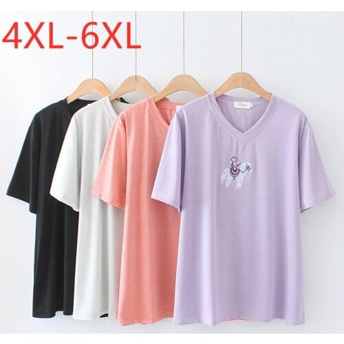 New 2021 Ladies Summer Plus Size Tops For Women Large Short Sleeve Loose Purple Pink Knit Embroidery V-neck T-Shirt 4XL 5XL 6XL