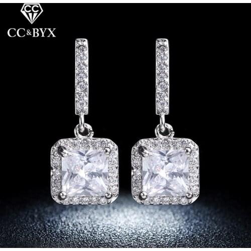 Fine Jewelry 925 Silver Earrings For Women Square Shine Stone Cubic Zirconia White Gold Color Wedding Stud Earrings Fashion E033