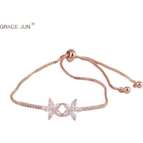 GRACE JUN 2018 New Arrival Shiny AAA Cubic Zircon Double Flower Long Chain Bracelet&bangle for Women Party Pom Cute Jewelry Gift