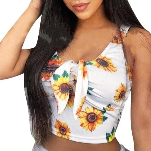 Women Sunflower Sleeveless Crop Top Tie Up Ladies Sexy Bra Slim Camis Tank Vest Female Camisole Vest Camiseta Tirantes Mujer