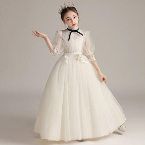 Beauty-Emily White Sweet Princess Flower Girl Dresses Elegant Long For Wedding Party Girl Ball Gowns Tulle Pageant Dress Elegant