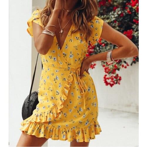 New Women Vintage Elegant Summer Boho Short Sleeve V-neck Ruffled Lace Printed Dress Beach Dresses Sundress