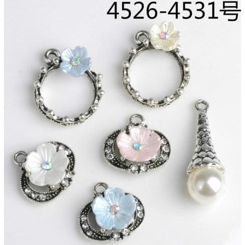 10pcs New retro ancient silver color pearl pendant flowers diy hair accessories wholesale spot earring charm 4526-4531