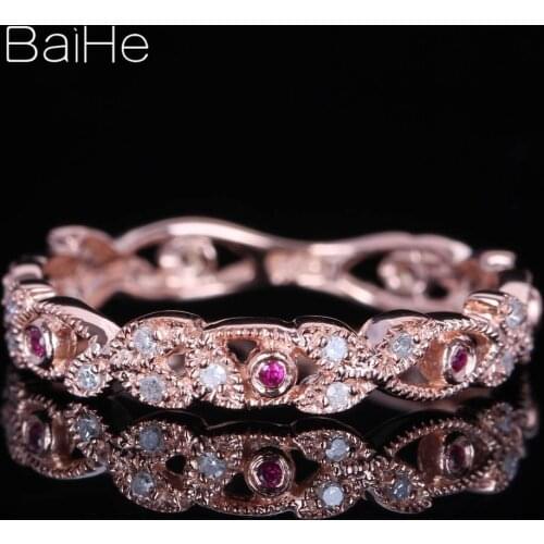 BAIHE Solid 10K Rose Gold About 0.2CT Natural Diamonds Rubies Engagement Gift Women Trendy Wedding Diamonds Rubies Leaf ring