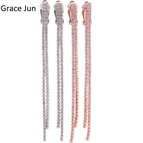 Grace Jun High Quality Copper AAA CZ Long 2 Strands Tassel Clip on Earrings Without Piercing for Women Wedding Fine Jewelry New