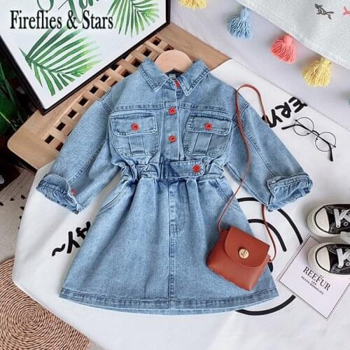 Spring Autumn Girls Dress Baby Denim Dress Kids Long Jacket Children Jeans Clothes Fashion Colorful Button Waistbelt 4 To 14 Yrs