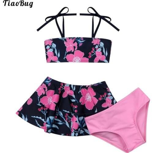 TiaoBug Summer 3Pcs Kids Girls Bikini Swimming Suit Floral Print Straps Self Tie Closure Tube Tops With Skirt And Briefs Set