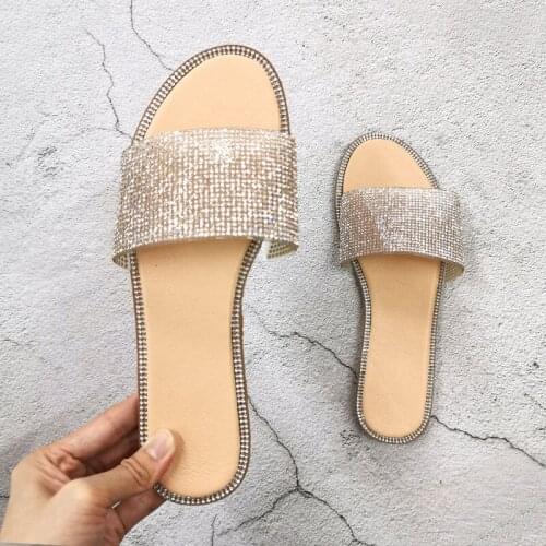 Big Size Summer Slipper for 2020 Shiny Crystal Women Seaside Slides Beach Shoes Bling RhineStone Slip-on Shallow Female Slippers