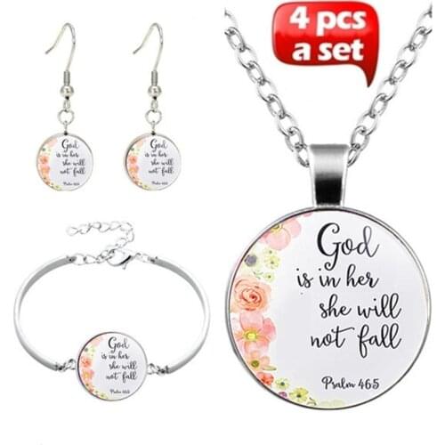4Pcs/Set Psalm 46:5 Bible Verse Inspirational Quotes Glass Jewelry Set Fashion Necklace Bracelet Earring Jewelry for Women