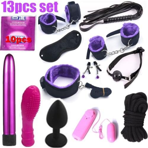 13pcs set Vibrator Sexy Adult Product Game Bondage Set Plush Handcuffs for Sex Whip Kit For Couple Sex Toys Women