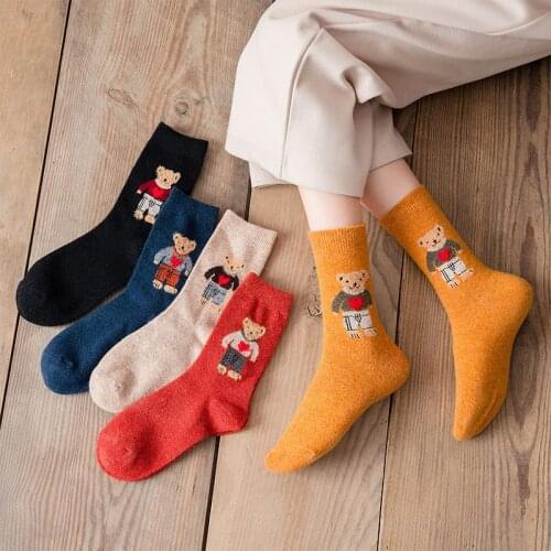 Cartoon Bear Socks Women Autumn Winter Thick Warm Wool Socks Korean Cute Kawaii Harajuku Designer Fashion Socks Women