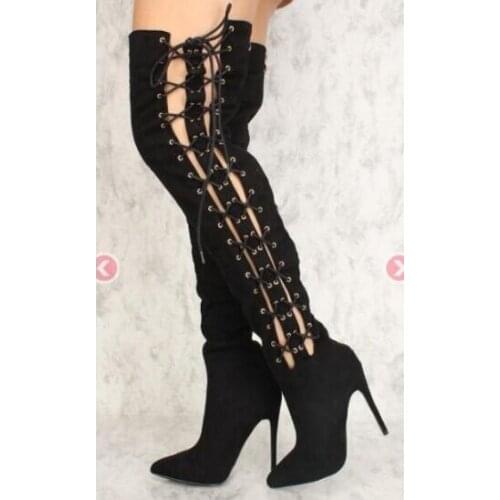 Latest New Brand Woman Sexy Black Pointed Toe Cuts Out Gladiator Lace Up Over The Knee Thigh Long Boots Thin Heels Slim Boots