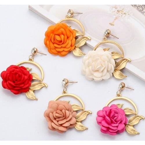 New Arrival Statement Flower Shaped Metal Dangle Earrings Fashion Fabric Flower Big Drop Earrings For Women Jewerly Accessories