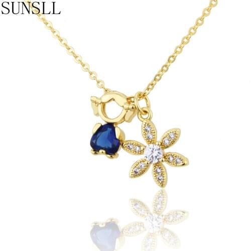 SUNSLL New Arrival Simple Jewelry Gold Copper Blue Cubic Zirconia Flower&Girl Pendant Necklace For Sweet Girl Fashion Gifts