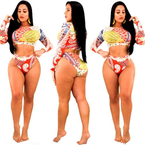 New Sexy Women Push-up Bra Long Sleeve Top Floral Print Bikini Set High Waist Swimsuit Swimwear Beachwear Bathing Suit Costume